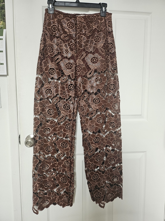 Anthropologie Pants - Anthropologie Brown Floral Lace Vegan leather Wide-Leg Pants